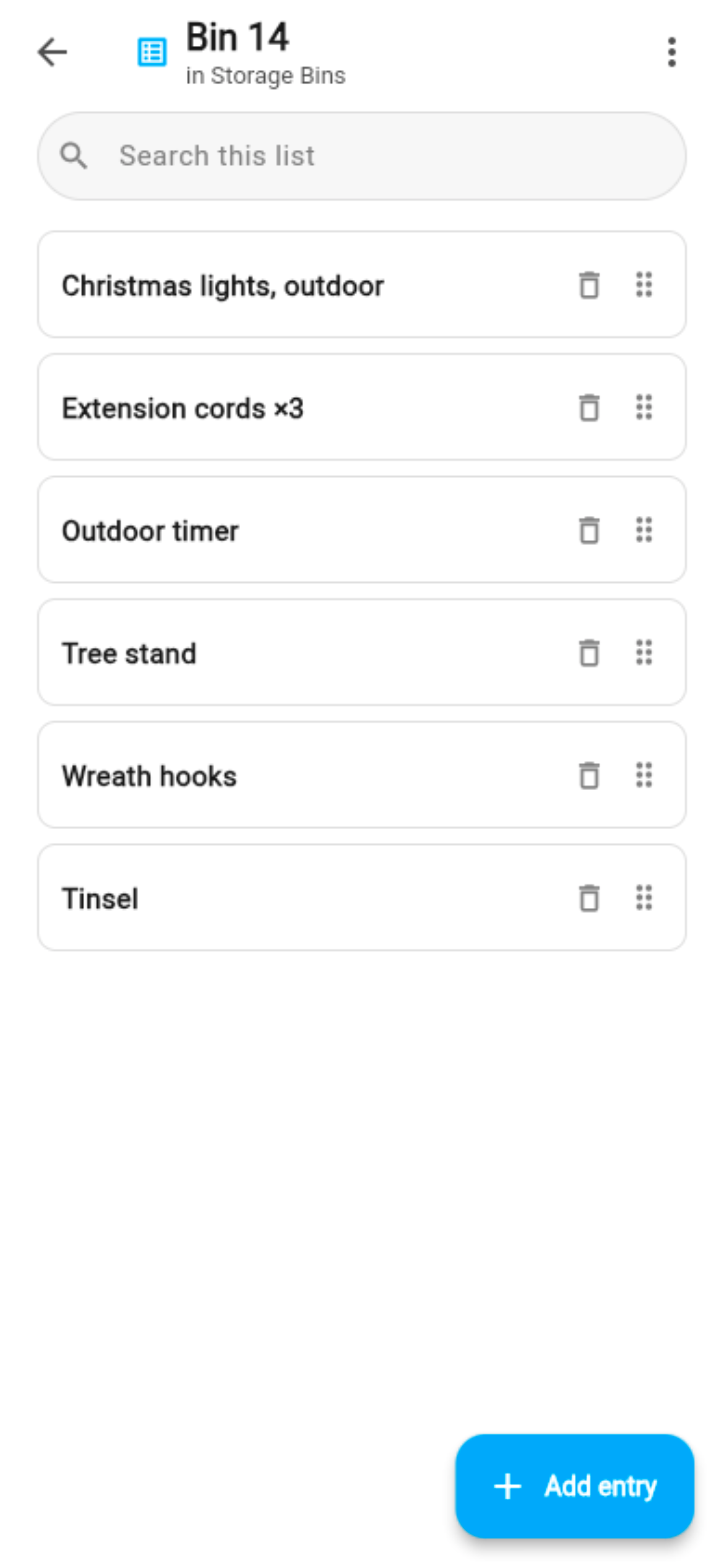 The nested list open: six items inside Bin 14, with a breadcrumb saying it lives in Storage Bins