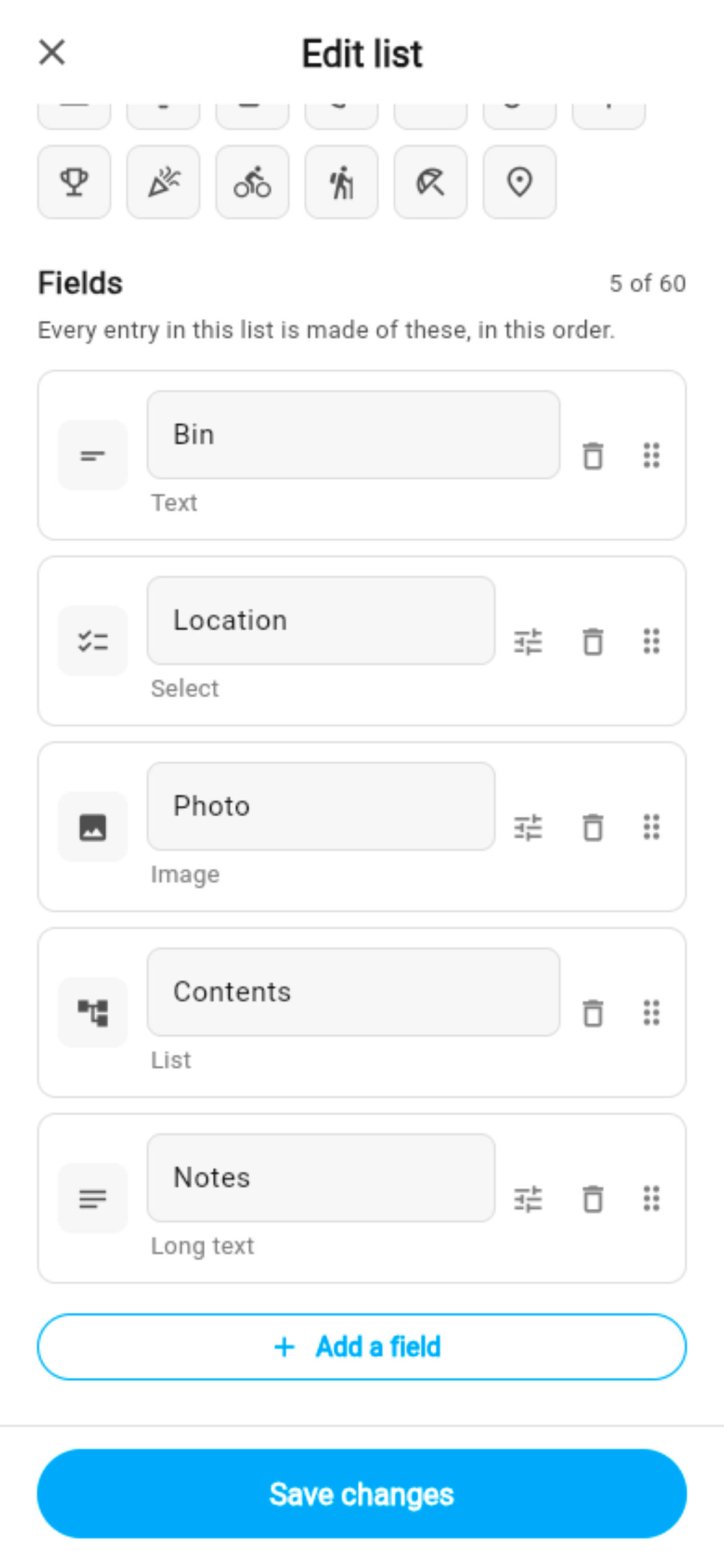 The list editor with the five fields configured