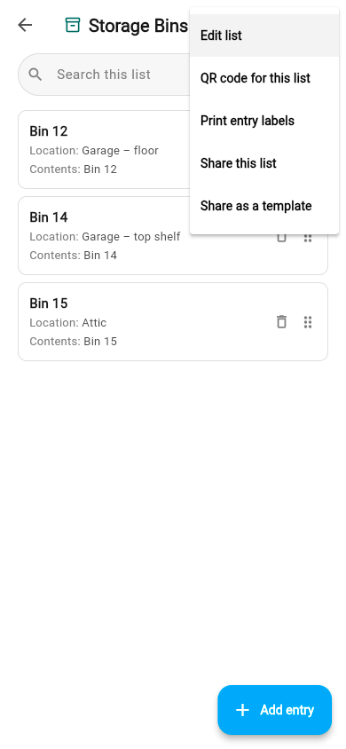 The list’s menu: Edit list, QR code for this list, Print entry labels, Share this list, Share as a template