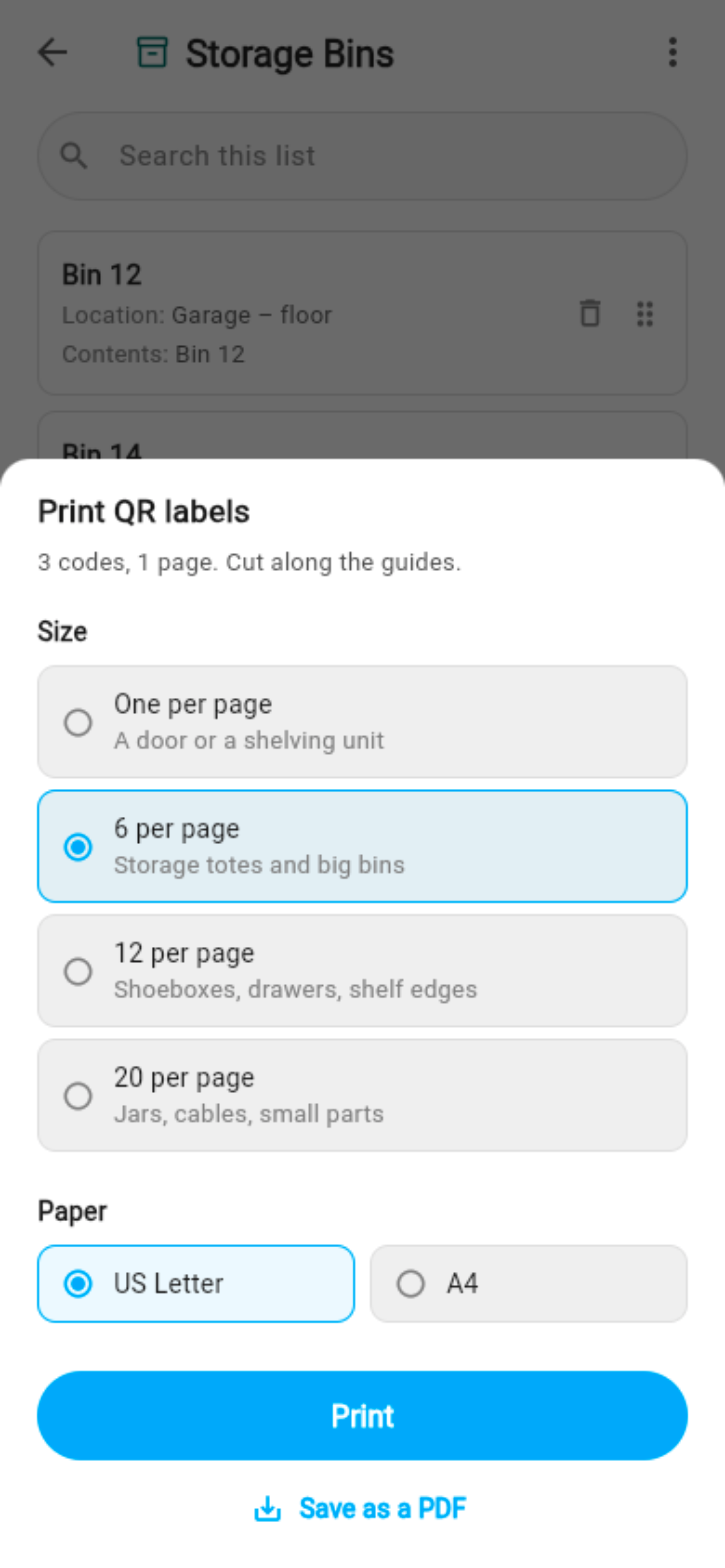 The Print QR labels sheet: one, six, twelve or twenty per page, on US Letter or A4