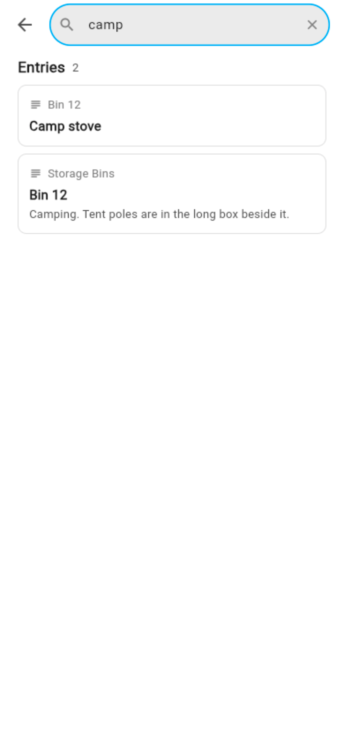 Search results for “camp”: the Camp stove inside Bin 12, and Bin 12 itself