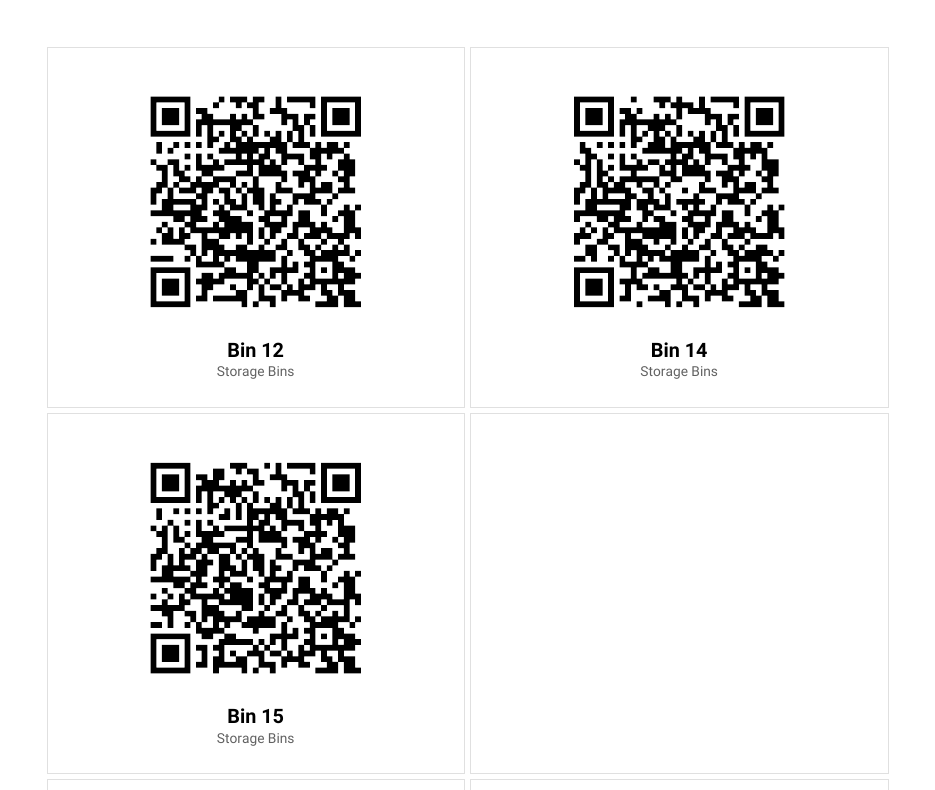 The printed sheet: three QR codes, each captioned with its bin’s name and the list it belongs to, with cutting guides