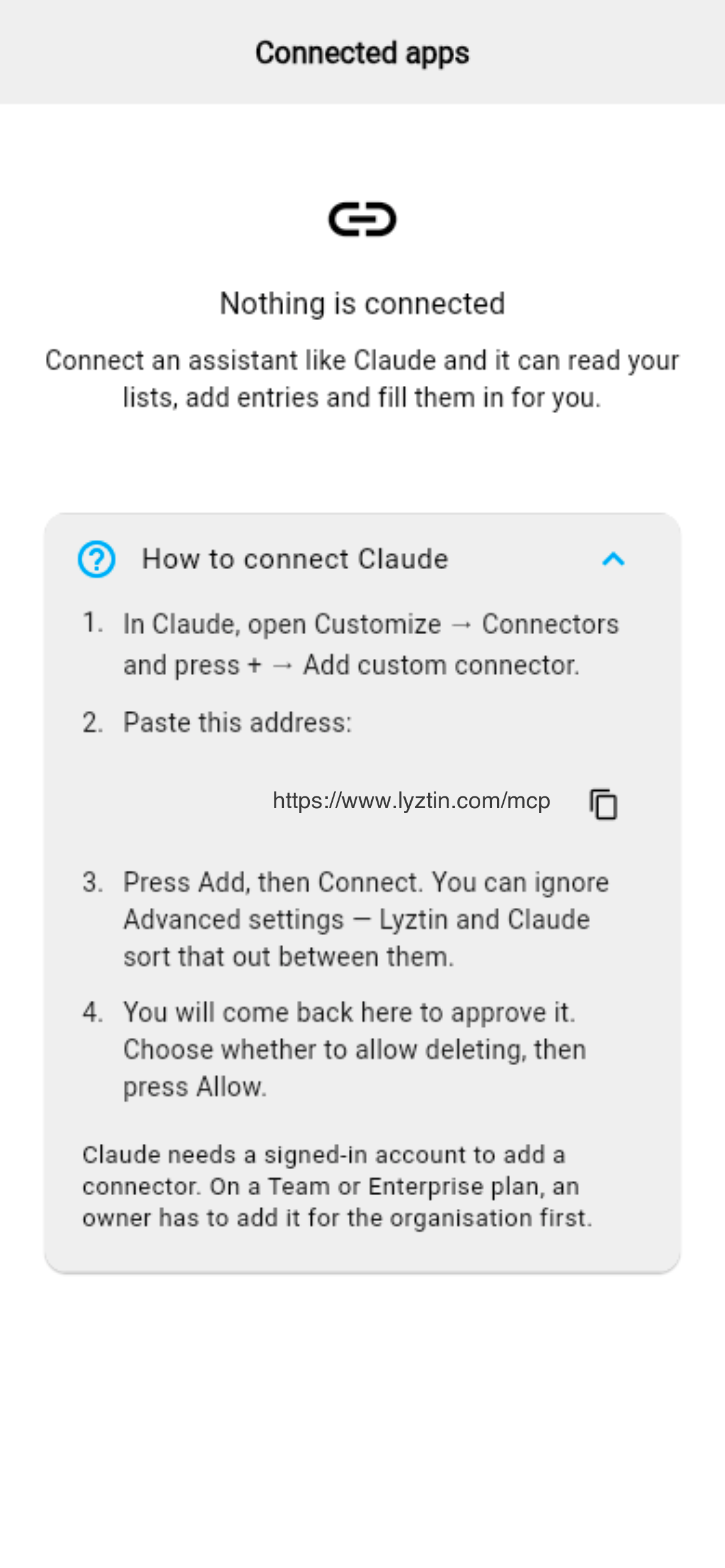 Lyztin’s Connected apps screen: nothing connected yet, and the four steps with the address to paste into Claude