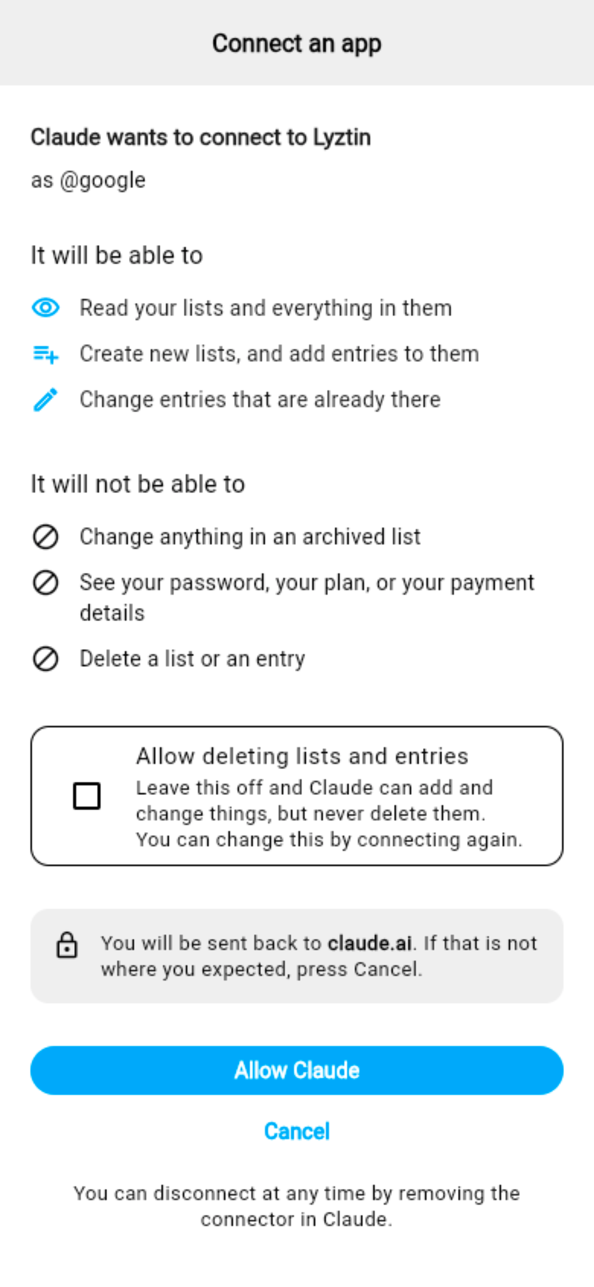 The approval screen: what Claude will and will not be able to do, the deleting checkbox, and where you will be sent back to