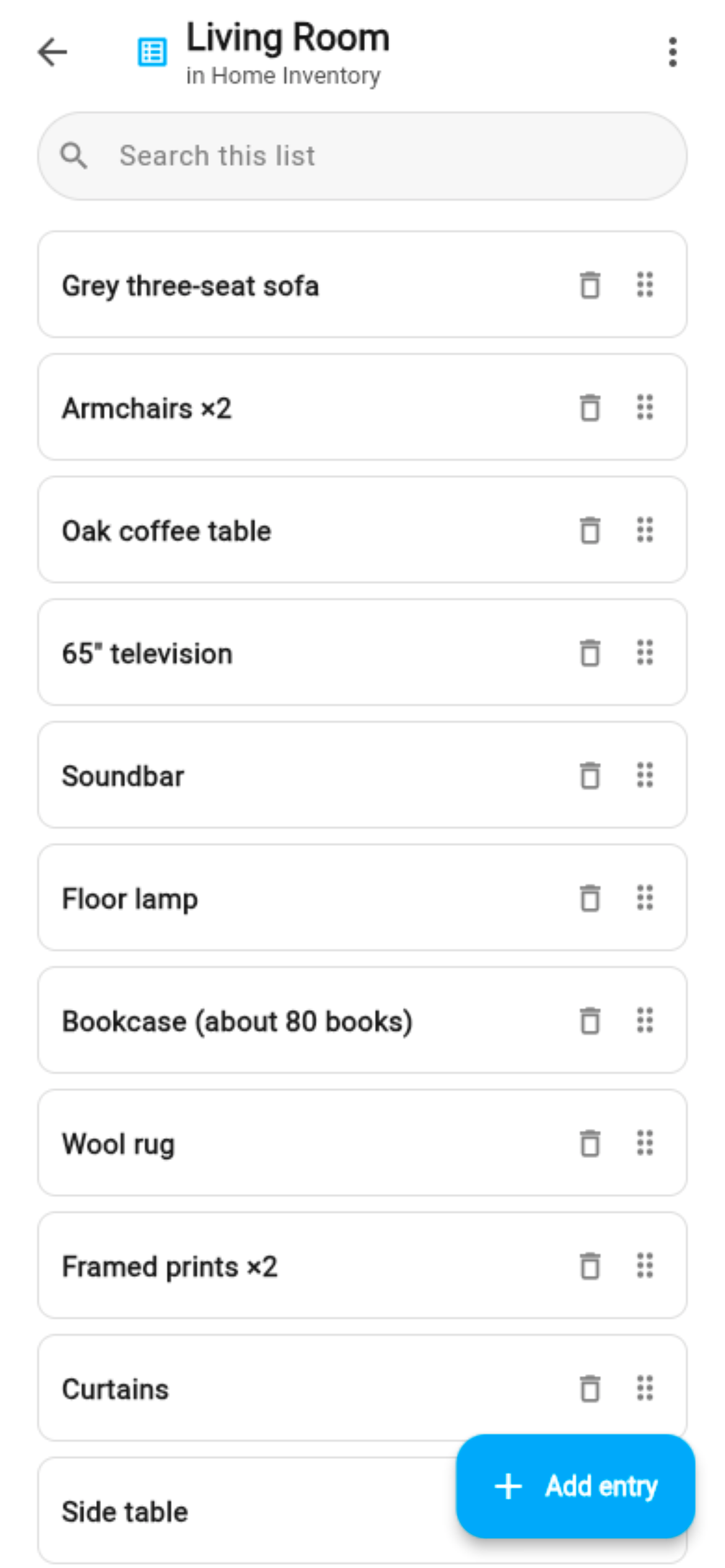 The Living Room’s contents, thirteen items, written by Claude from one photograph