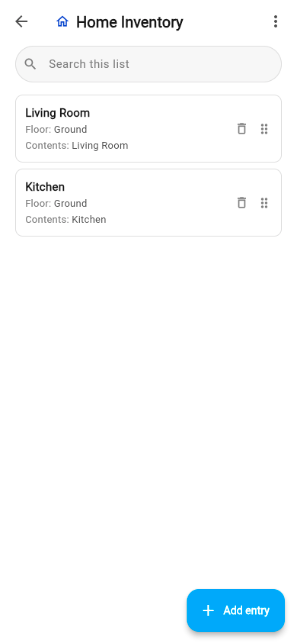 The Home Inventory list in Lyztin: Living Room and Kitchen, each with a Contents list