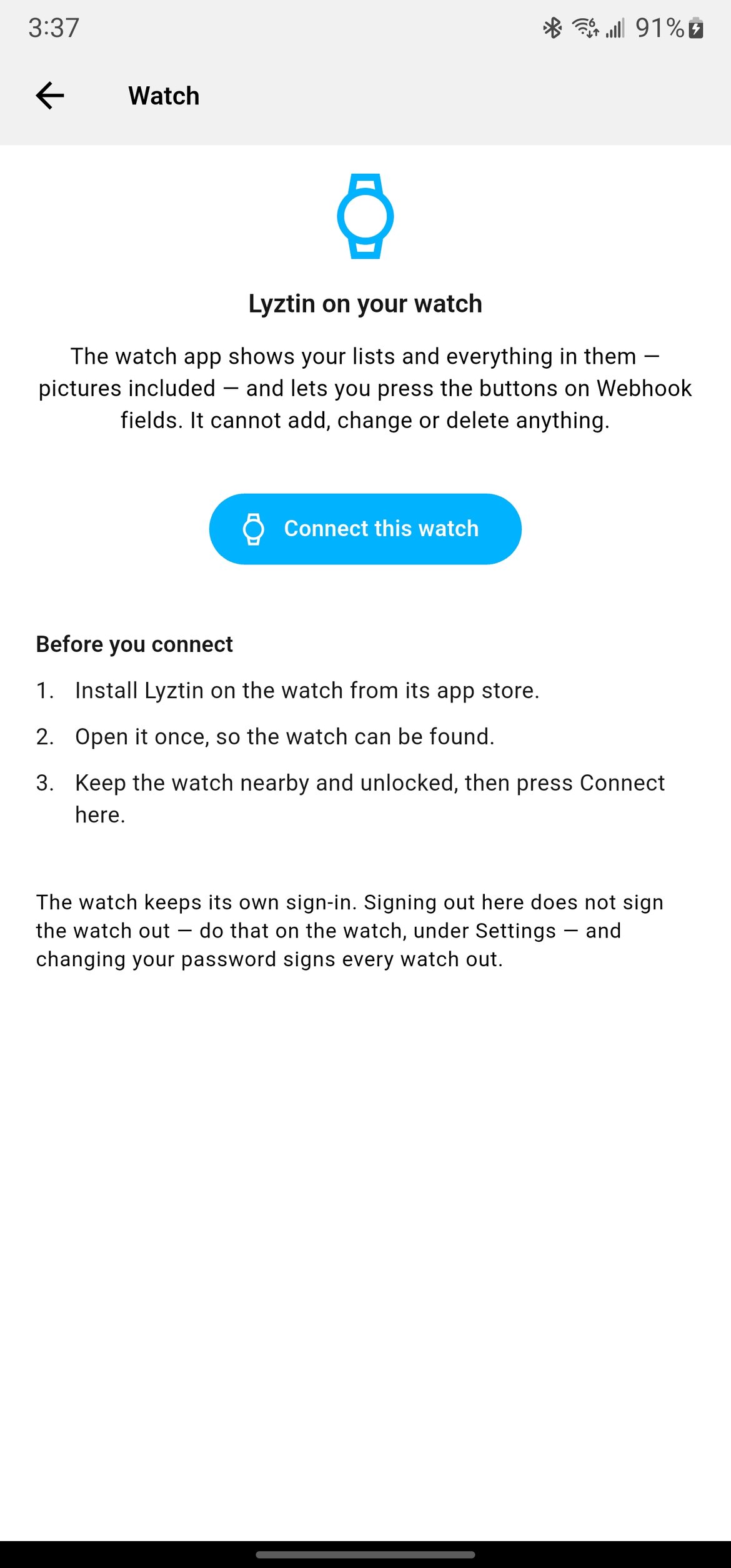 The phone’s Watch page: what the watch will show, the Connect this watch button, and what to do before pressing it