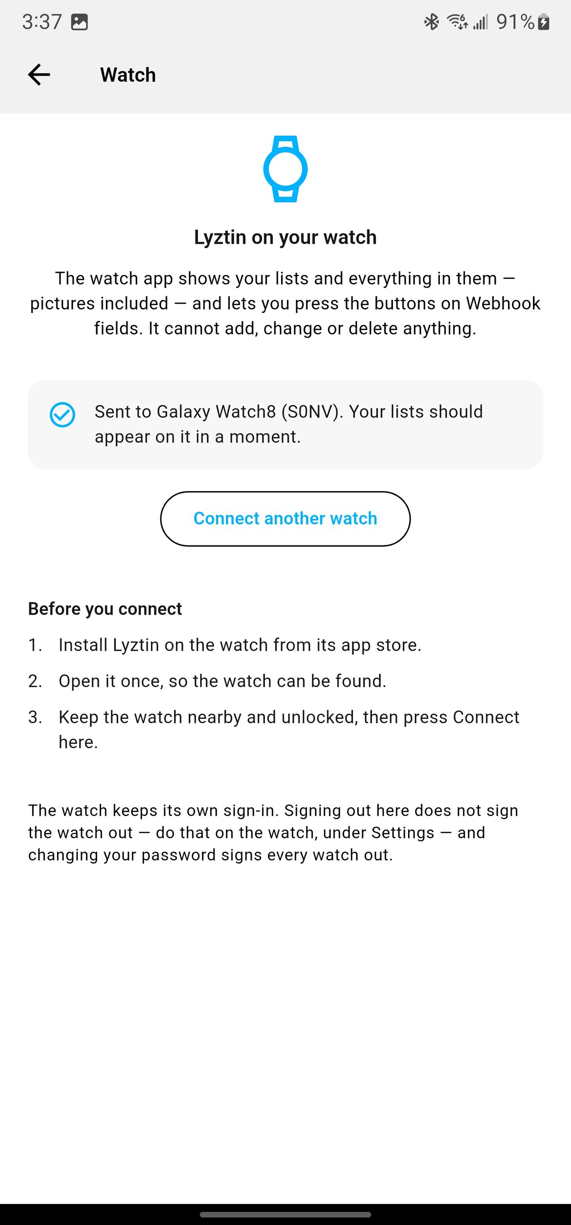 The phone’s Watch page after connecting: sent to Galaxy Watch8, your lists should appear on it in a moment, and a Connect another watch button