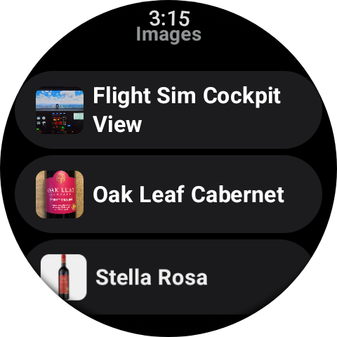 One list’s entries on a Wear OS watch, each tile with its picture