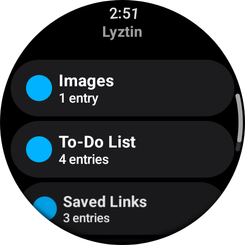 The lists screen on a Wear OS watch: each list with its colour and entry count