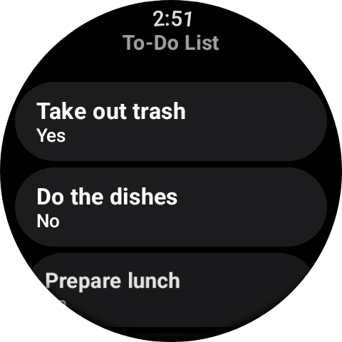A To-Do list on a Wear OS watch: each task with its Done toggle read as Yes or No