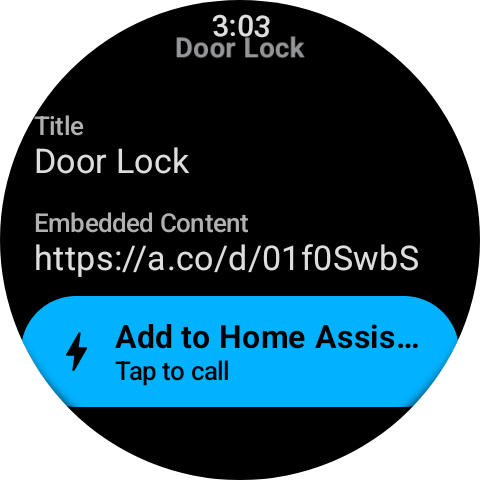 A Door Lock entry on a Wear OS watch with its Webhook button: Add to Home Assistant, tap to call