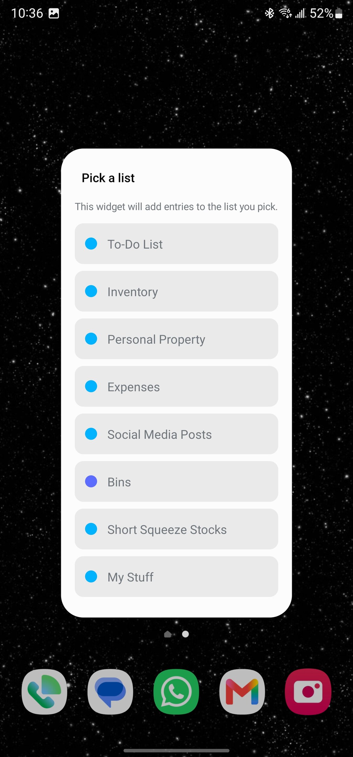 Android’s Pick a list dialog: this widget will add entries to the list you pick