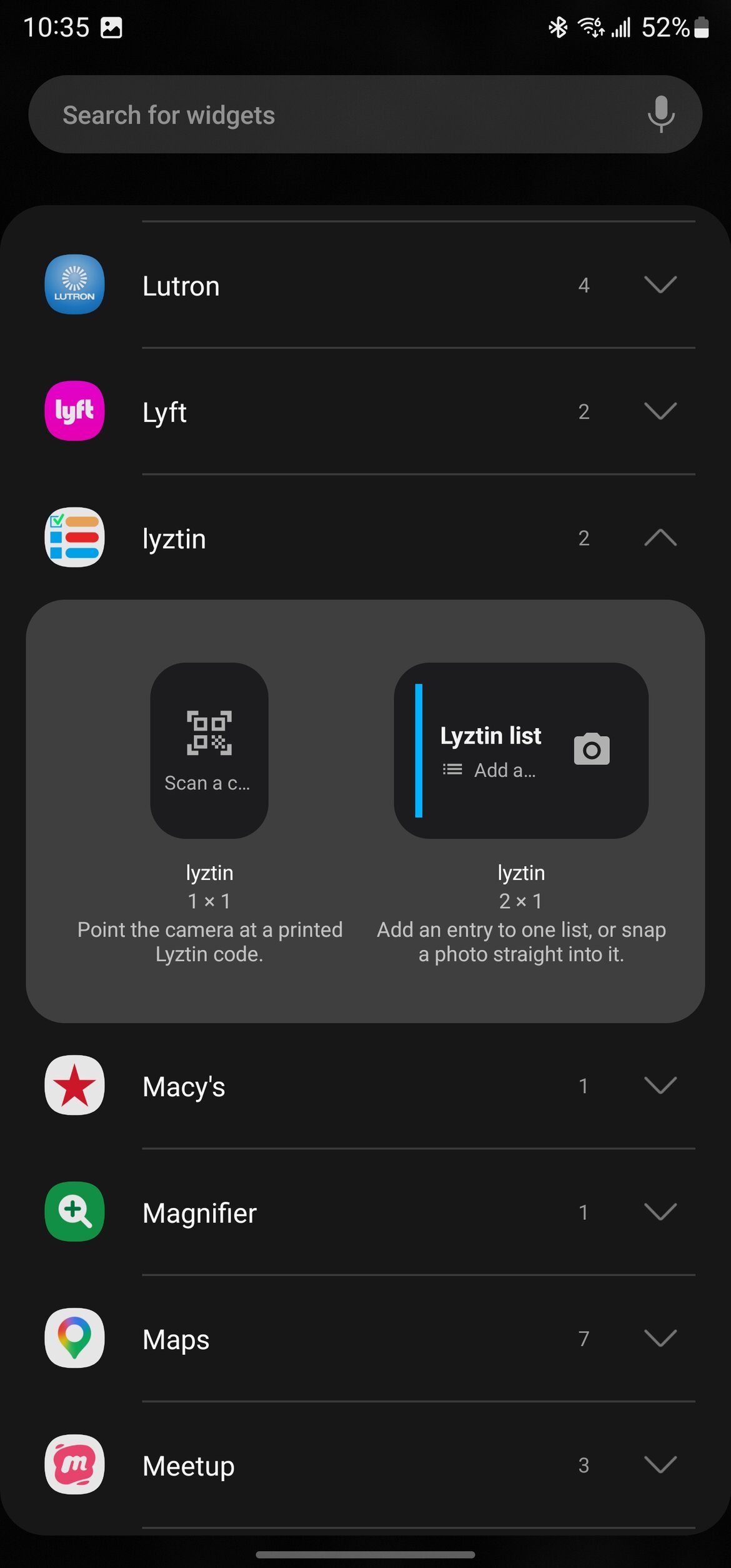 Android’s widget picker with Lyztin expanded: the 1×1 scan widget and the 2×1 list widget