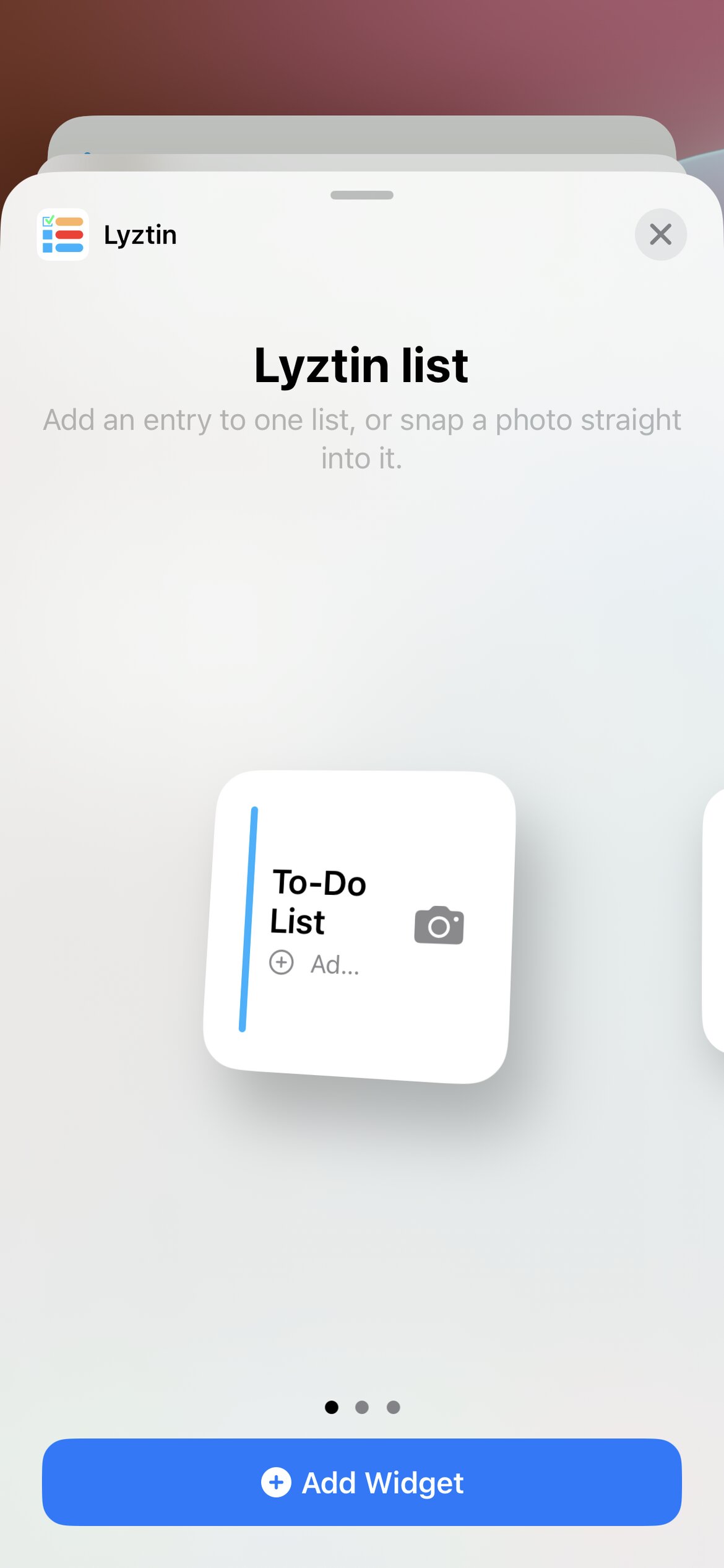 The iOS widget gallery on Lyztin list, with the Add Widget button
