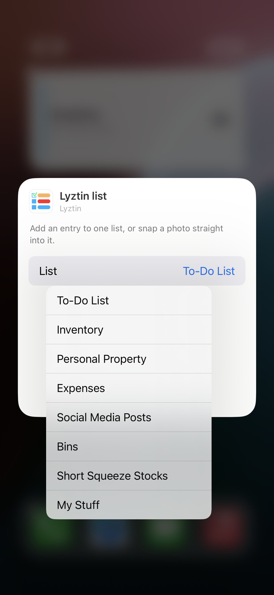 Editing the list widget on iOS: the List row open, with the account’s lists to choose from
