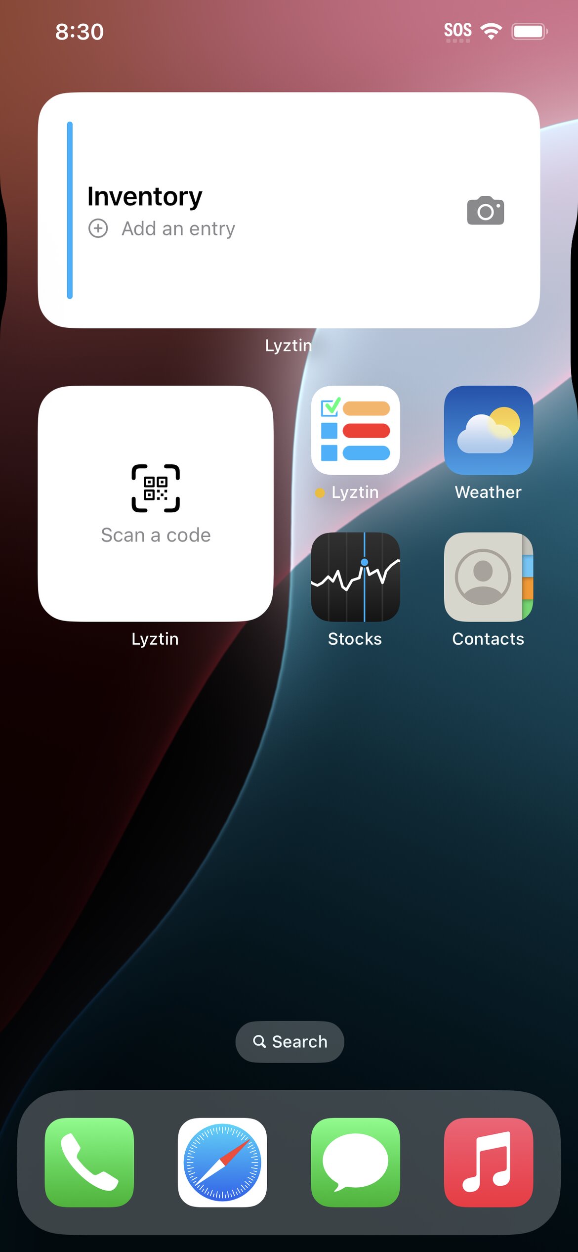 An iPhone home screen: the Lyztin list widget pinned to an Inventory list, with its camera button, and the Lyztin scan widget below it