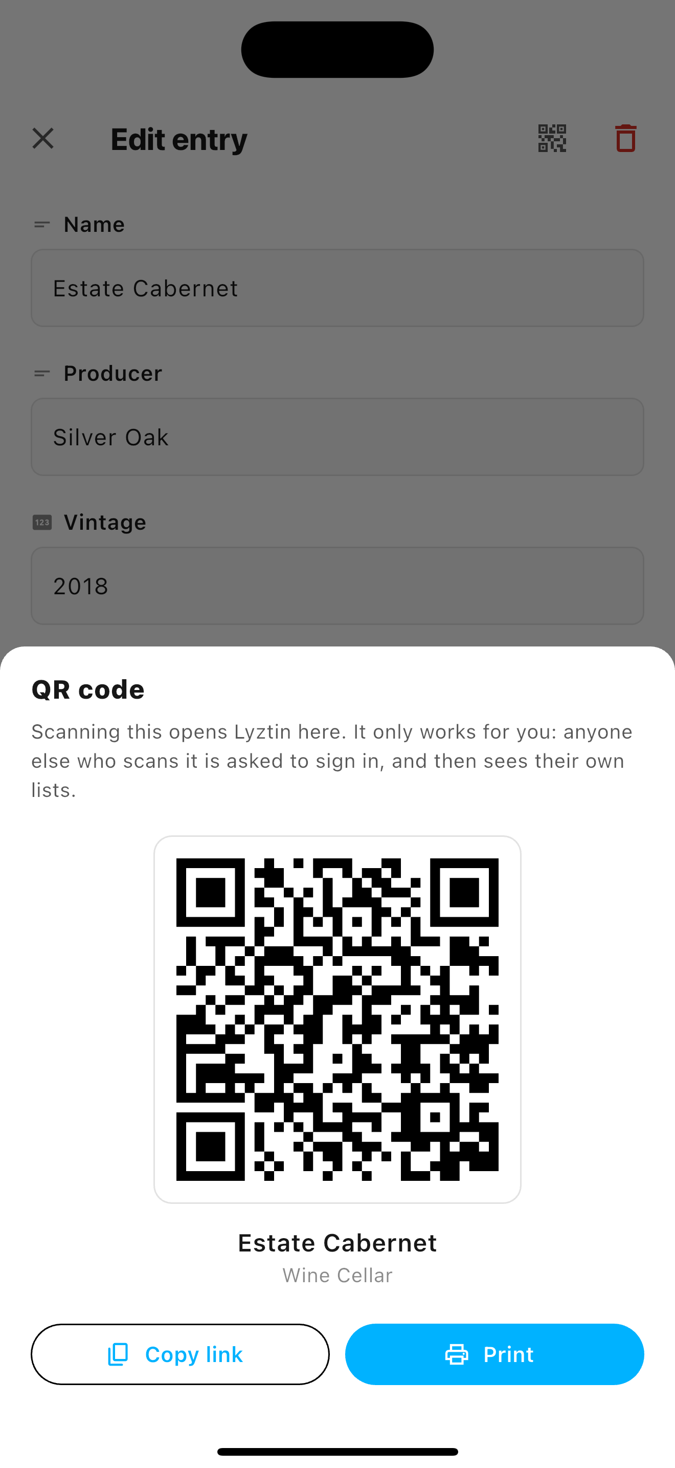 A QR code for one entry, ready to copy or print